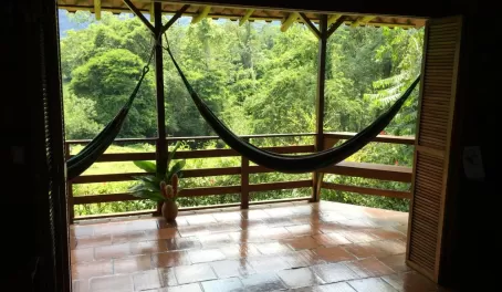 Our first views of our jungle cabin at Selva Bananito - hammocks!