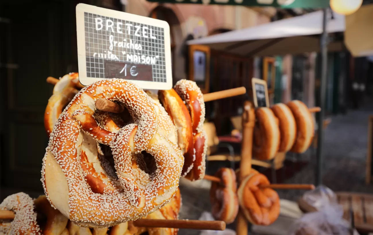 Bretzel (pretzel) for sale in streets of Strasbourg. An Alsace specialty.