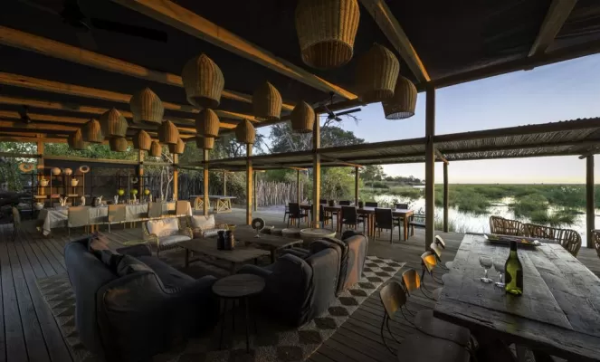 Open-air guest lounge at Linyanti Tented Camp