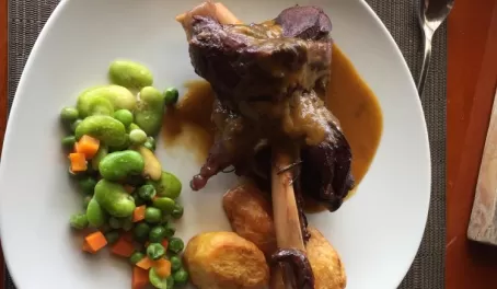Not too bad for a meal in the jungle! Lamb shank with fava beans and potatoes. Our first lunch at La Selva!
