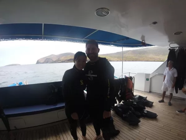 Before our first snorkel in the Galapagos! Those wet suits were badly needed