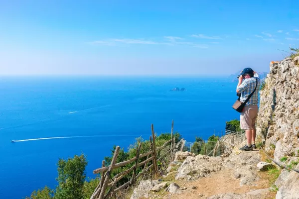 Hiking on the Amalfi coast overlooking the Tyrrhenian sea