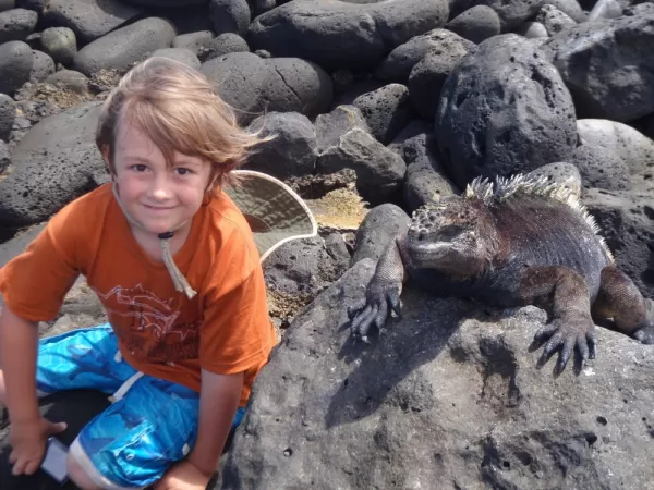 Making friends with a marine iguana in the Galapagos
