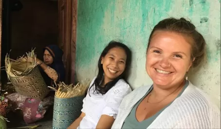 Rae Brouwer and Aini at a weaving store, Lombok, Indonesia