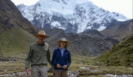 Maya and Phil stopping for a photo under the mighty apu, Salkantay as we journey to the pass.