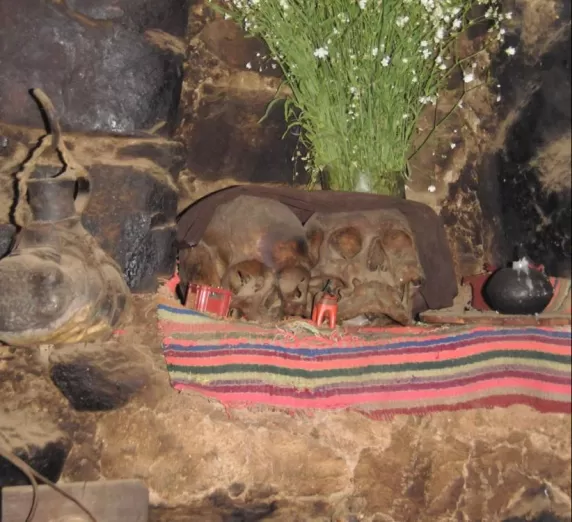Skulls warding off evil spirits in a house in Ollantaytambo