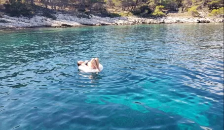 Soaking in the Mediterranean waters. It was a bit cold in Sept!