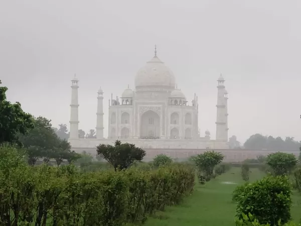 The Taj Mahal through the mist and rain