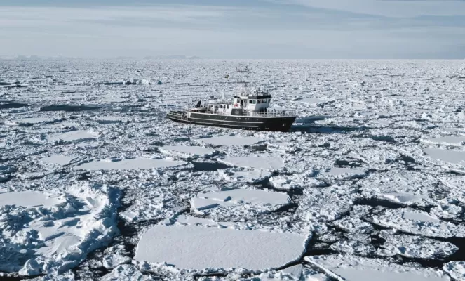 MV Kinfish in ice from drone