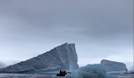 zodiacs around icebergs