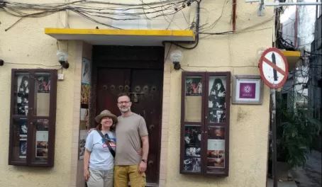 Outside Freddie Mercury's birthplace in Stone Town, Zanzibar