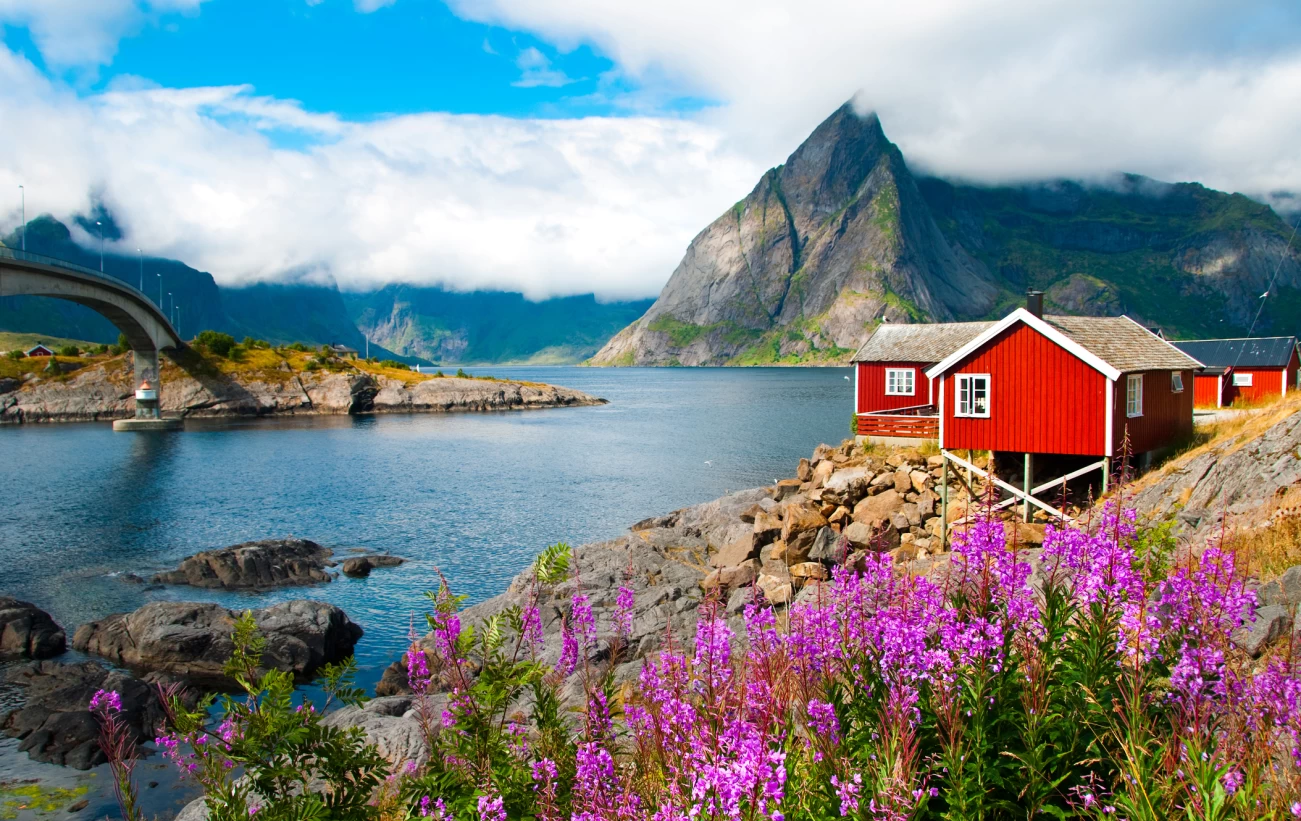 Landscape with red fisherman houses on Lofoten islands, Norway