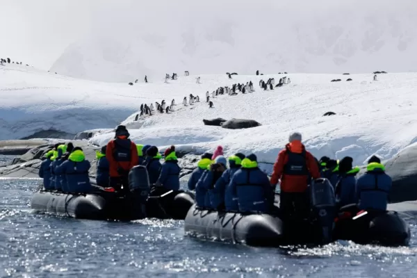 Zodiac excursion on the way to the penguins in Antarctica