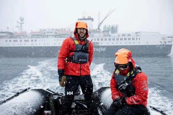 Expert guides during a Zodiac excursion in Antarctica