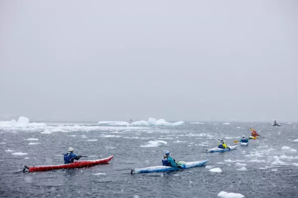 Travelers kayaking on icy waters of Antarctica