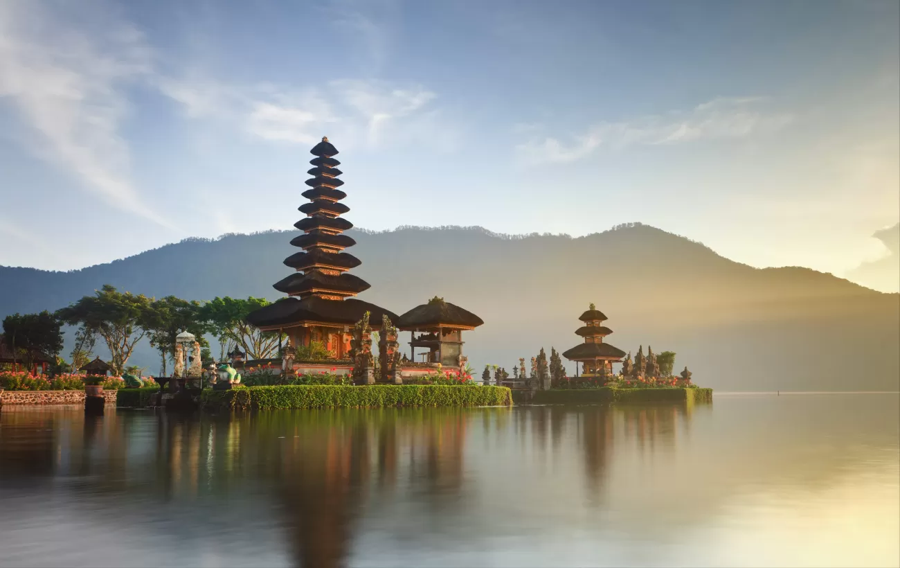 Ulun Danu Temple at Sunrise on Bratan Lake on Bali