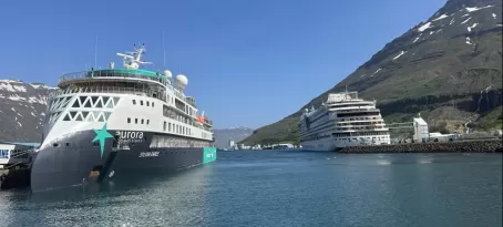 Sylvia Earle docked at port in Seydisfjordur.