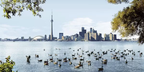 A view of the Toronto skyline from Lake Ontario, Canada.