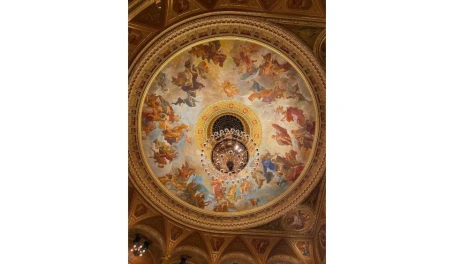 The fresco painting by Karoly Lotz adorns the round ceiling of the grand auditorium