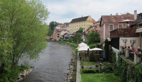 Vltava River runs past little medieval town of Cesky Krumlov
