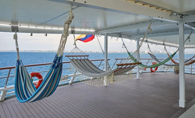 Observation deck hammock area on the ship National Geographic Islander II