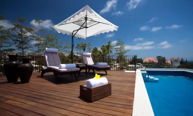 Enjoy the open-air heated pool with Venetian tiles