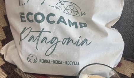 Coffee at EcoCamp's Office in Puerto Natales with their reusable bag