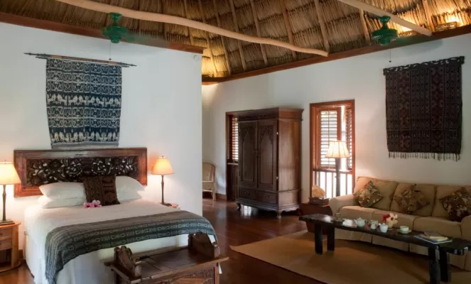 Balinese-inspired cabanas offer luxurious accommodations for guests to the Turtle Inn Resort