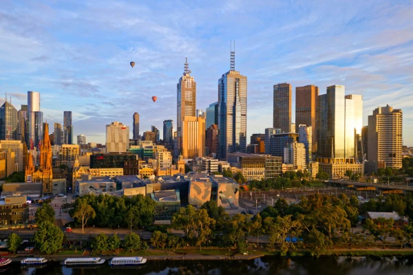 Melbourne morning skyline looking north from the south bank of the Yarra River