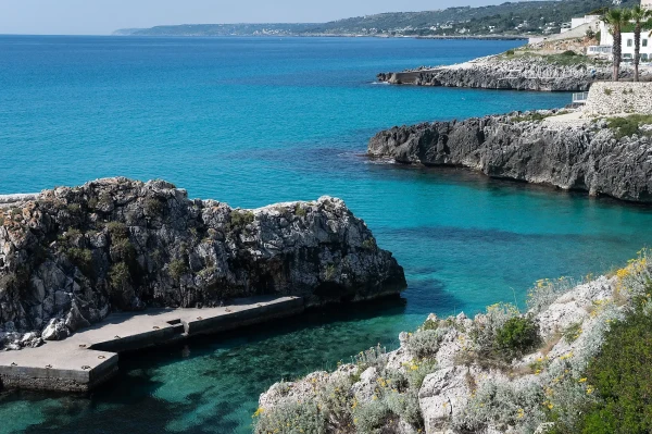The rocky coastline and clear turquoise waters of Castro Marina in the Salento region of Puglia, Italy