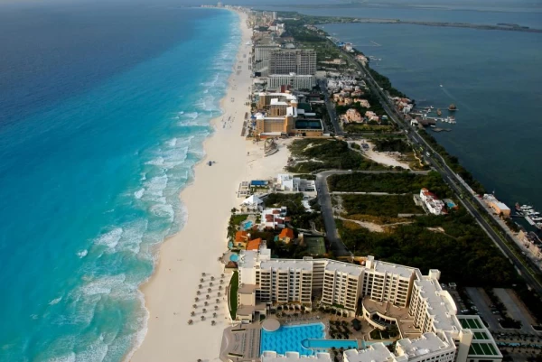 An aerial view of Cancun.