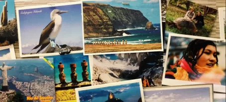 Wall of postcards to Laura from her awesome travelers